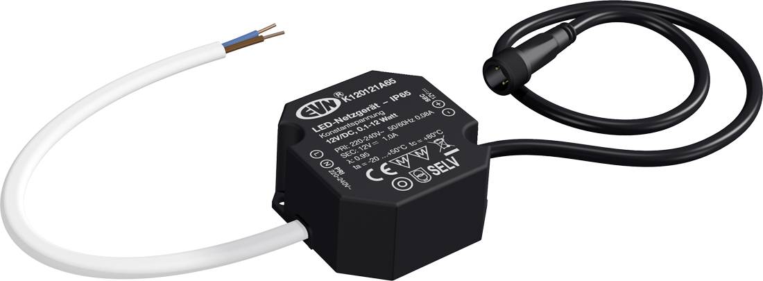 Czarny moduł zasilacza/sterownika LED z dołączonym czarnym kablem oraz osobnym białym kablem z odsłoniętymi przewodami.