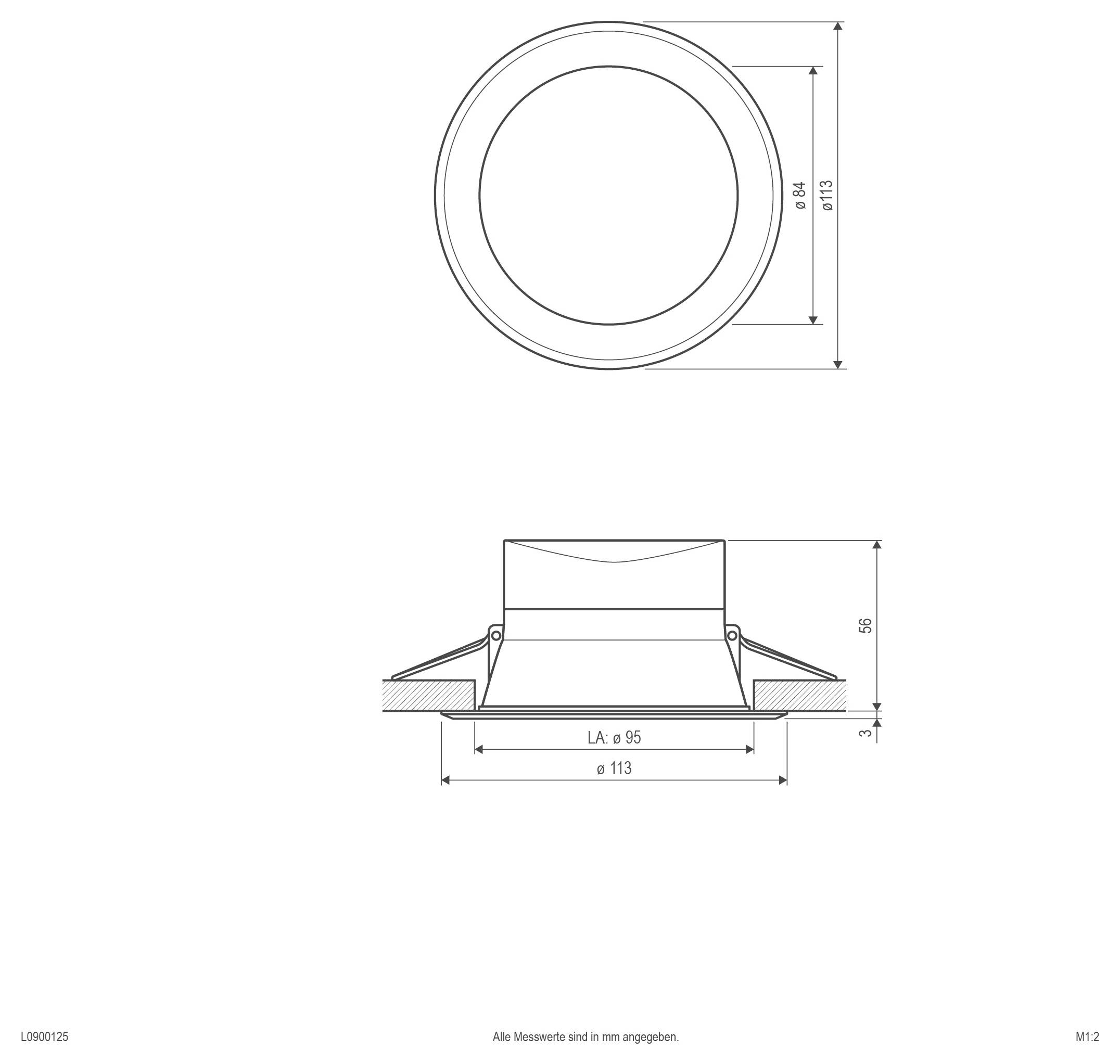 Rysunek techniczny okrągłego osprzętu wpuszczonego, przedstawiający widok z góry i z boku z wymiarami Ø113, Ø84, LA 95, wysokość 56 i wciśnięcie 3 mm.