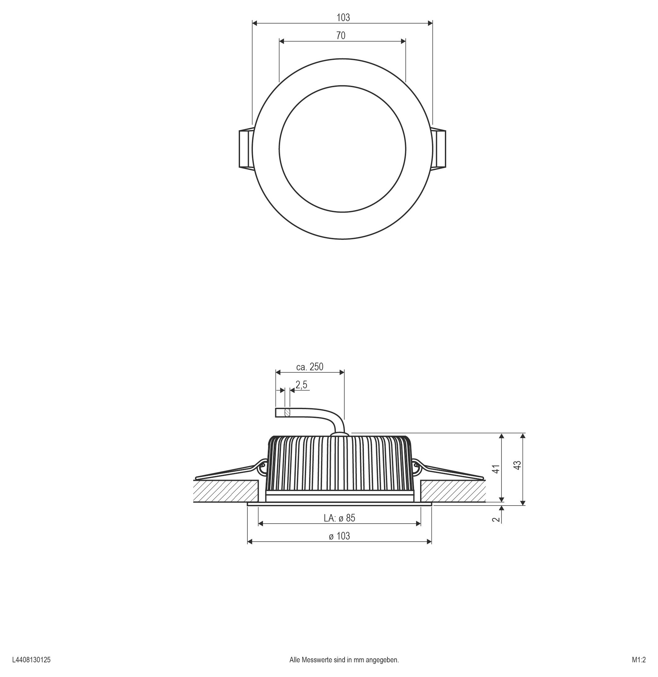 Rysunek techniczny okrągłego oprawy wpuszczanej, pokazujący widok z góry i widok z boku z wymiarami średnicy 103 mm i wysokości 43 mm.