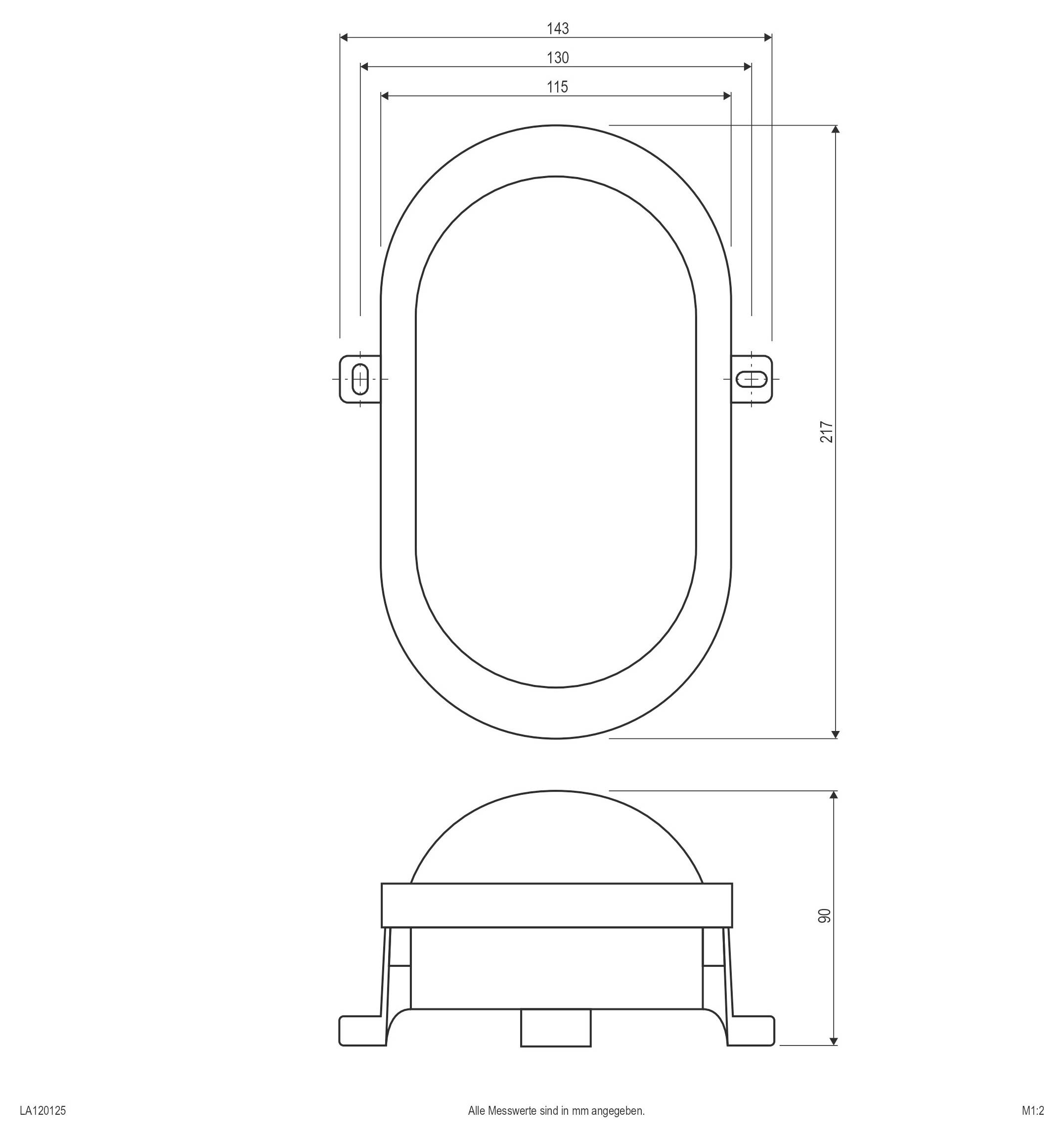 Rysunek techniczny owalnego urządzenia/uchwytu przedstawiający widoki z góry i z boku z wymiarami w milimetrach: szerokość 143, wysokość 217, głębokość 90.