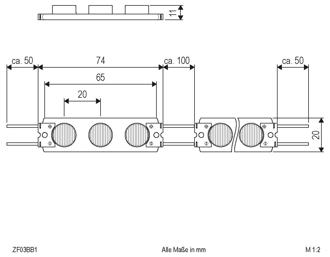 Techniczny rysunek wymiarowy modułowego zespołu złącza, pokazujący widoki z boku i z góry z wymiarami w milimetrach, w tym 74, 65, 20, ok. 50 i ok. 100.