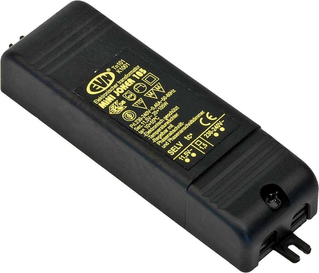 Czarna cegła zasilacza/ładowarki elektrycznej z żółtą etykietą bezpieczeństwa i wtyczką dwuportową