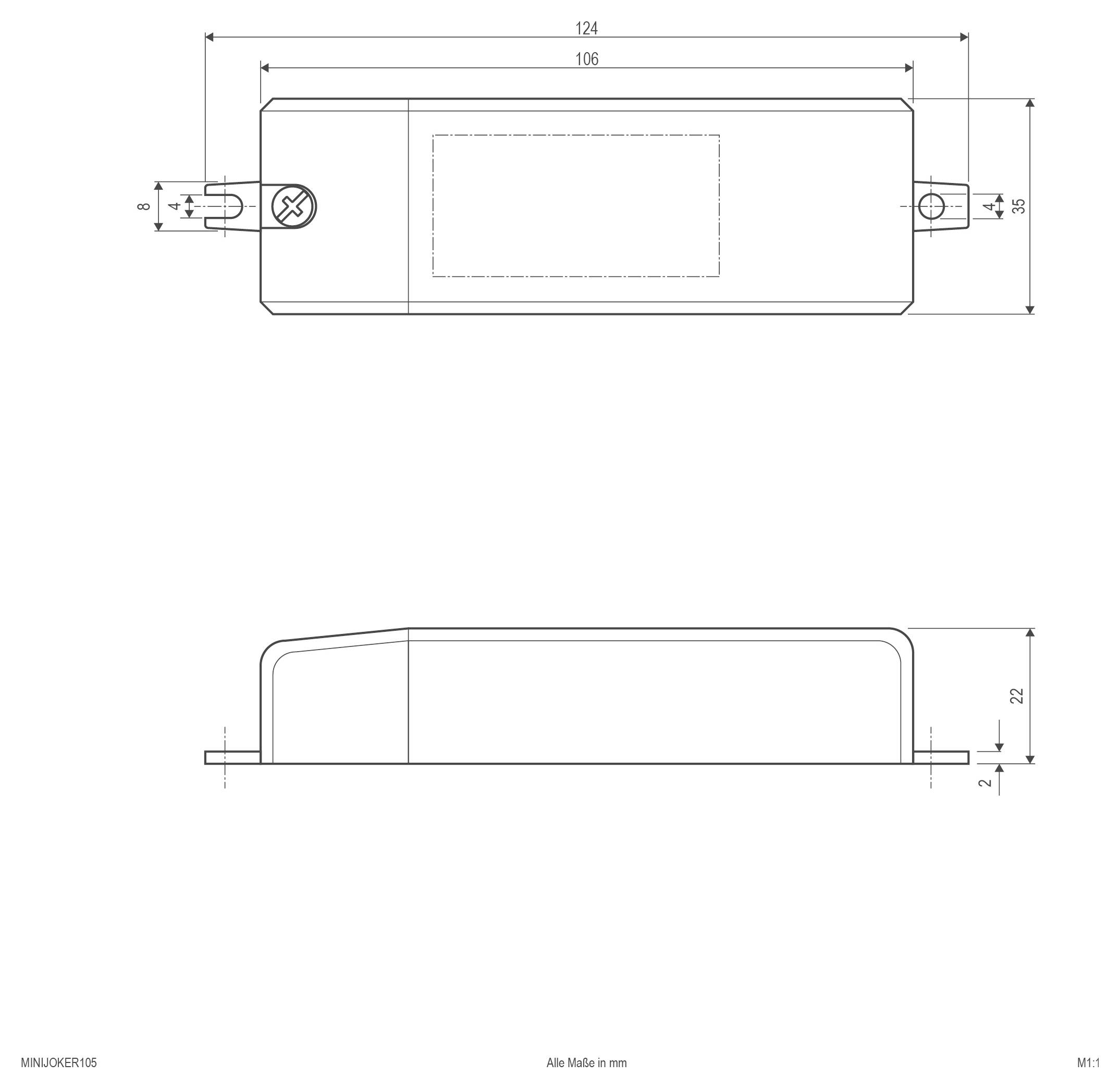 Wymiarowy rysunek techniczny urządzenia prostokątnego, przedstawiający widoki górny i boczny z zakładkami montażowymi i wymiarami w milimetrach.