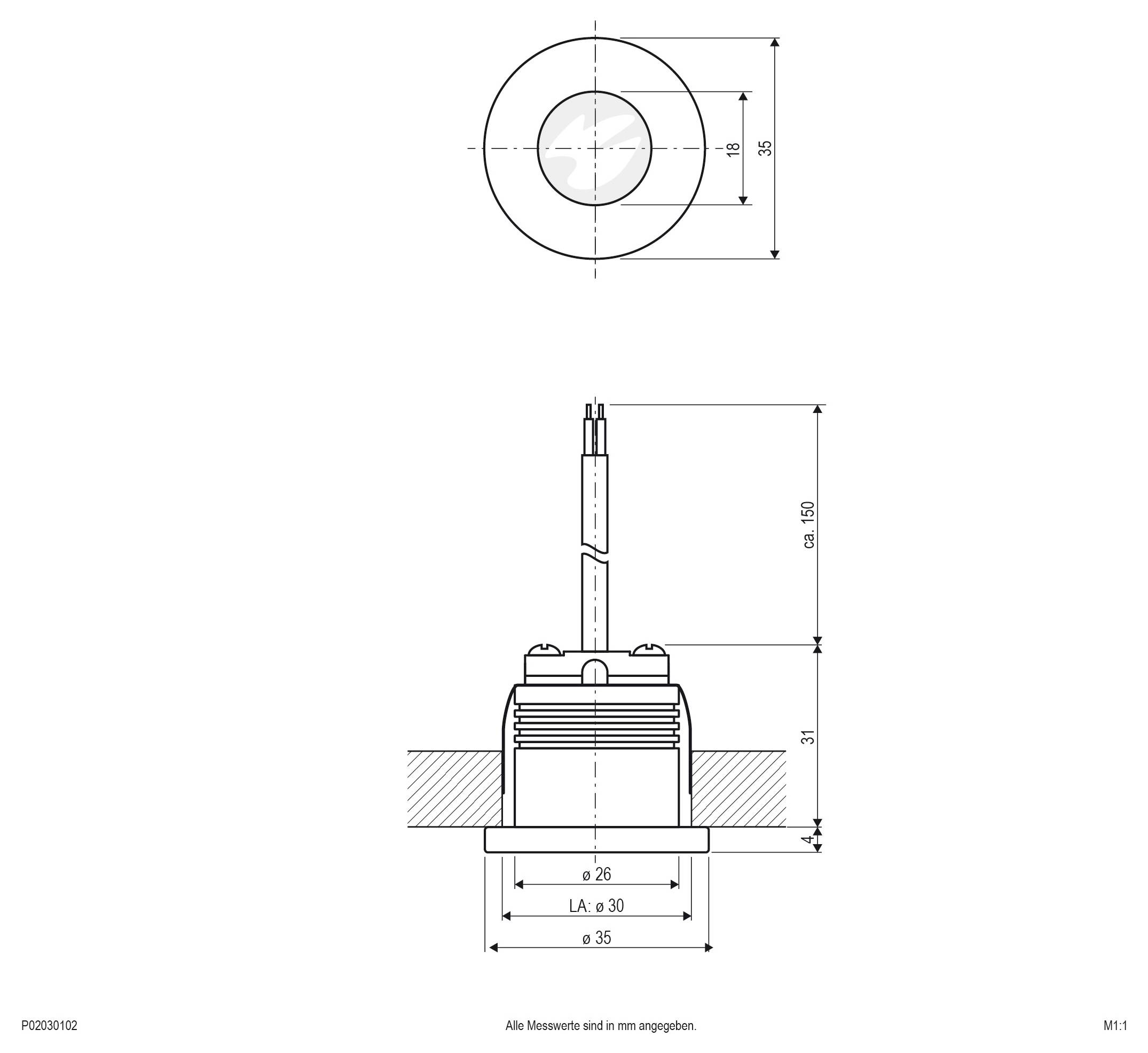 Techniczny rysunek wymiaru cylindrycznego czujnika lub złącza, pokazujący widoki z góry i z boku wraz z wymiarami obejmującymi średnicę 35 mm, otwór 30 mm, całkowitą długość 150 mm i głębokość montażu 31 mm.