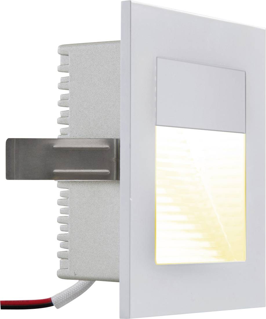 Prostokątna, wpuszczana w ścianę lampa LED emitująca ciepłe, białe światło. Posiada nowoczesny design z metalowym uchwytem.