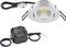 Wbudowana lampa LED typu downlight ze sprężynowymi klipsami i zabudowanym zasilaczem/sterownikiem, pokazana wraz z okablowaniem i przewodami złączkowymi.