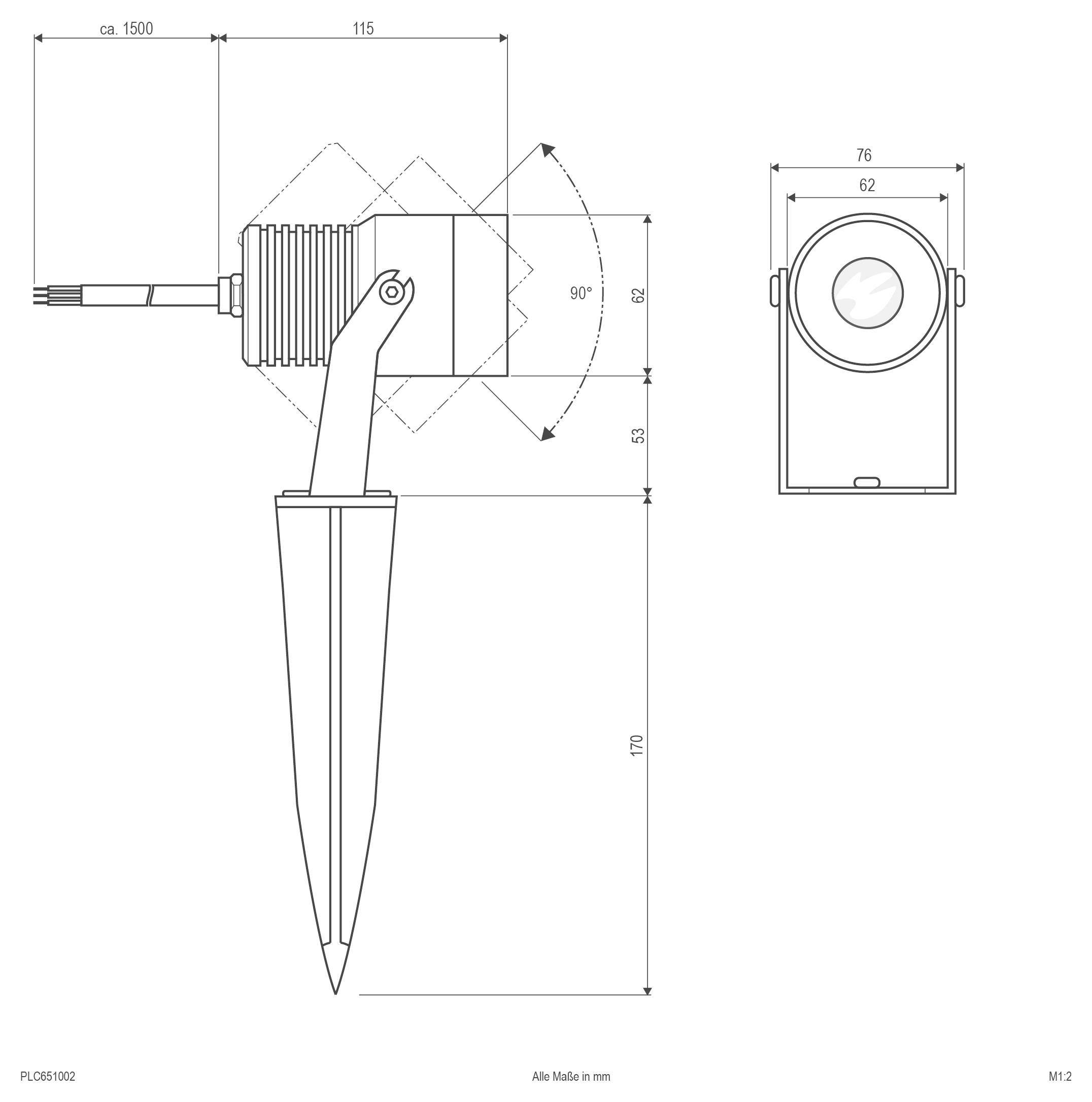 Techniczny rysunek wymiarowy reflektora naziemnego na słupku, przedstawiający widoki z boku i z przodu z wymiarami w milimetrach i zakresem pochylenia 90°.