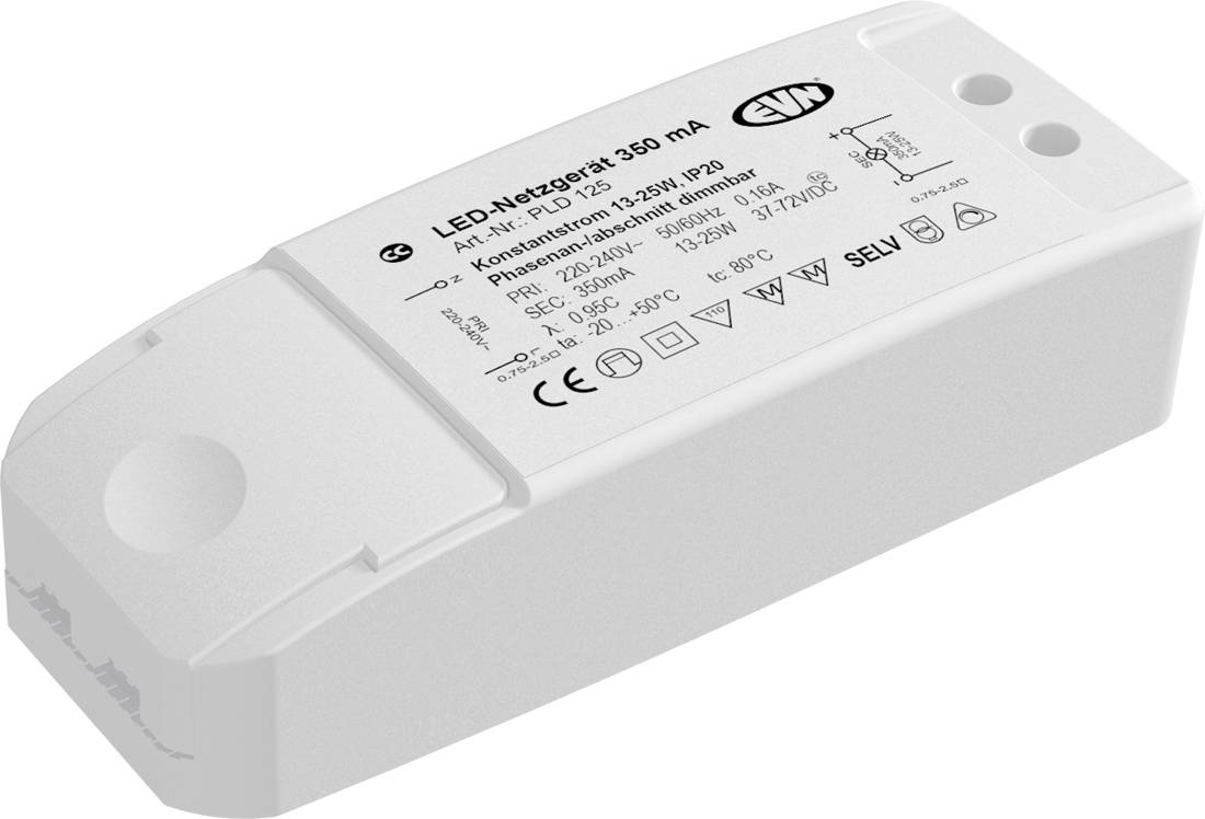 Biały prostokątny sterownik LED/zasilacz oznaczony etykietą „LED-Netzgerät 150 mA" ze specyfikacją techniczną i schematem podłączenia wydrukowanym na górze.