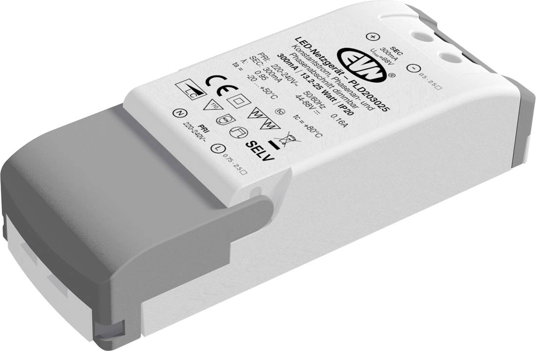 Moduł zasilacza sterownika białego LED z szarą nasadką końcową, pokazany w widoku 3/4 z wydrukowanymi specyfikacjami elektrycznymi na górze.