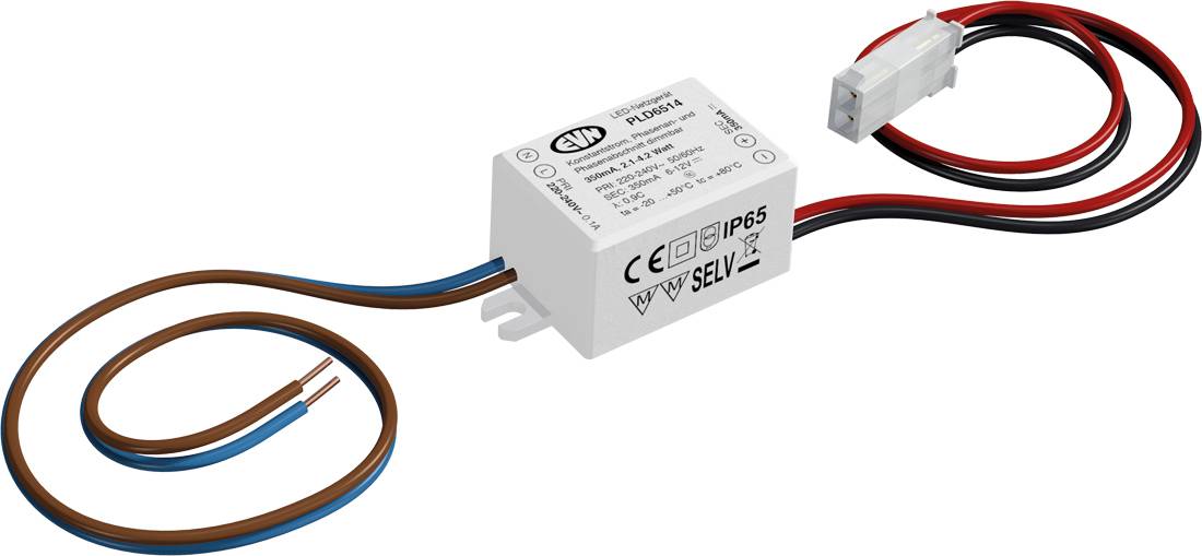 Mały biały moduł przekaźnika elektrycznego ze znakami CE i podłączonymi przewodami złącza czerwono-czarnym, pokazany z brązowo-niebieskim przewodem ostrym na białym tle.