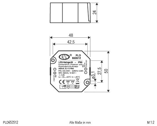Wymiarowany rysunek techniczny zasilacza LED EVN PLD 653512, pokazujący widoki z przodu i z boku z wymiarami w milimetrach.