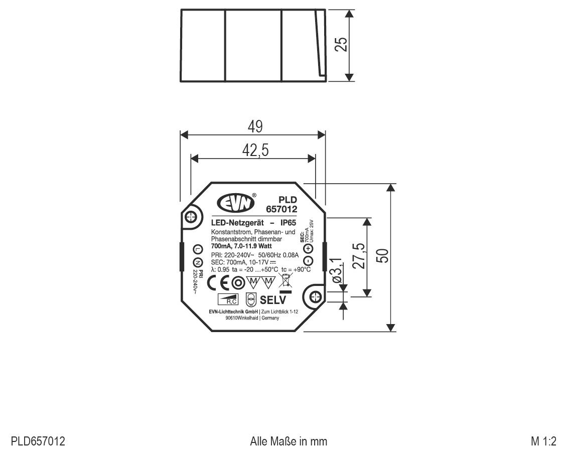 Wymiarowy rysunek techniczny zasilacza LED EVN PLD657012, pokazujący widoki z przodu i z boku z wymiarami w milimetrach.