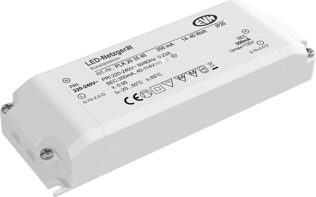 Zasilacz LED biały z etykietą „LED-Netzgerät" i „Konstantstrom" ze specyfikacją techniczną nadrukowaną na obudowie.