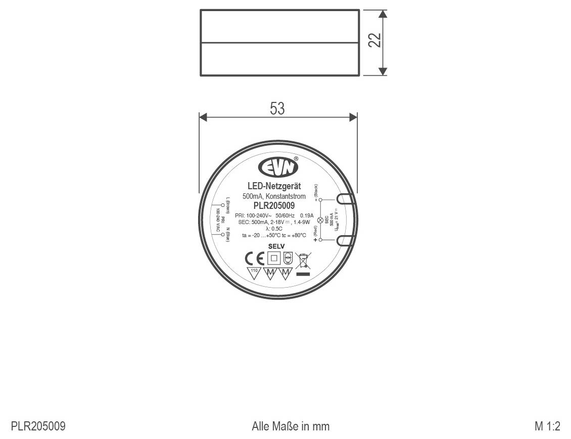 Techniczny rysunek wymiarowy okrągłego modułu LED niskiego napięcia ze stałym prądem EVN, pokazujący średnicę 53 mm i wysokość 22 mm, model PLR205009 i wszystkie wymiary w mm.