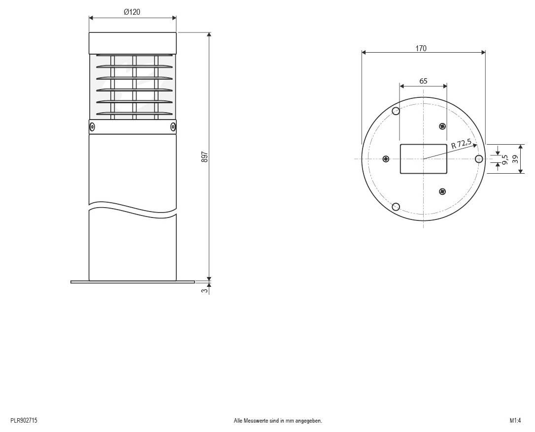 Rysunek techniczny urządzenia cylindrycznego: widok z przodu i widok z góry z wymiarami, pokazujący średnicę 120 mm, wysokość 480 mm oraz okrągłą podstawę 170 mm z centralnym otworem kwadratowym.