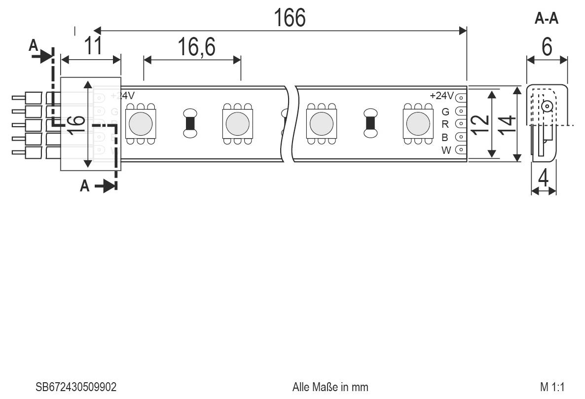 Rysunek techniczny sekcji taśmy LED ze złączem, pokazujący wymiary w mm i etykiety polarności (+24V, G, R, B, W); długość 166 mm.