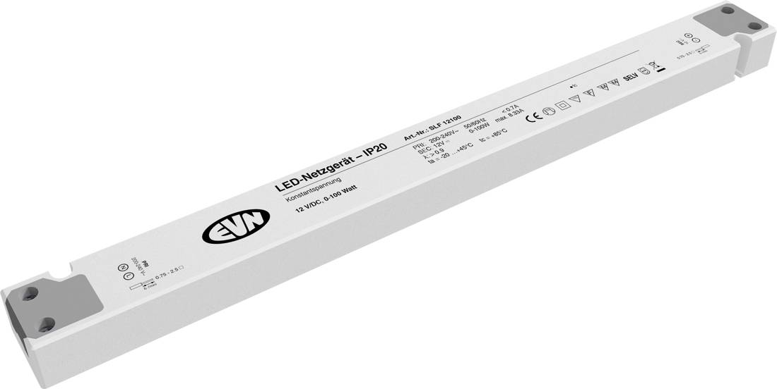 Biały prostokątny moduł sterownika LED z końcówkami montażowymi i wydrukowanymi specyfikacjami, oznaczony „LED-hegatrail" i „IP23".