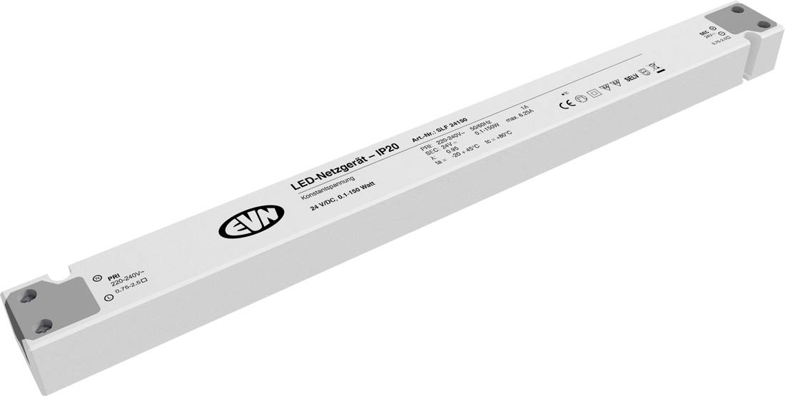 Zasilacz sterownika białych diod LED oznaczony "ELN" i "LED-Headlight IP20", pokazany w prostokątnej metalowej obudowie.