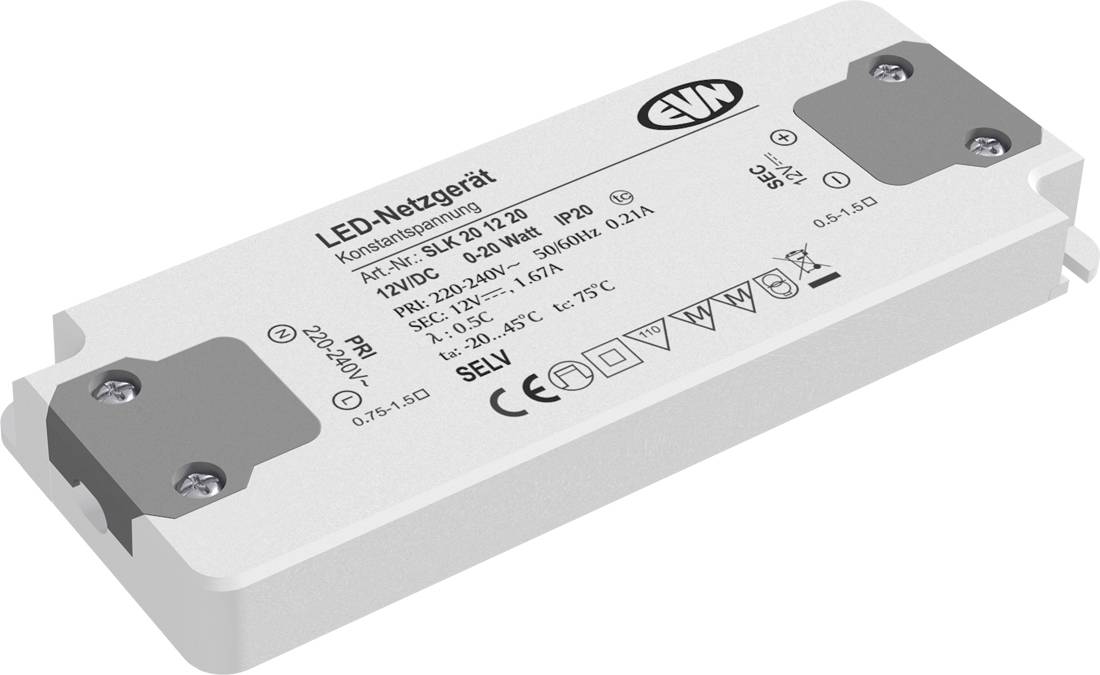 Zasilacz LED o mocy zasilającej z białymi diodami LED, z wydrukowanymi specyfikacjami i zaciskami śrubowymi na białym tle.