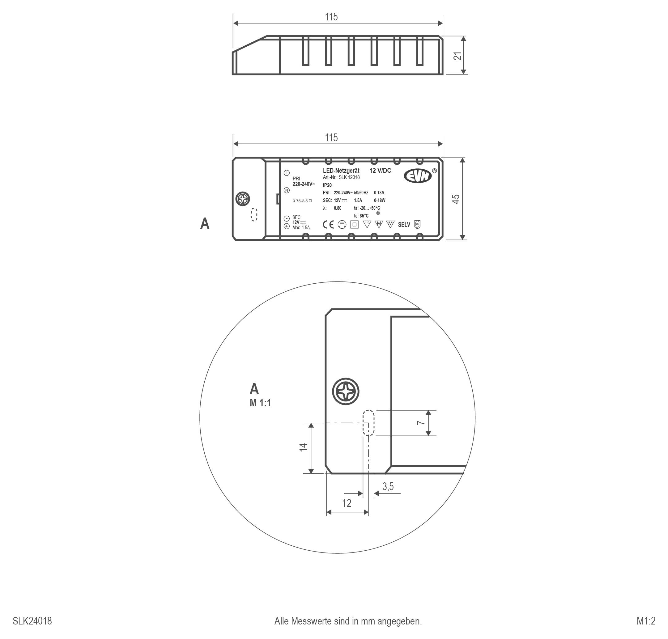 Techniczny rysunek wymiarowy prostokątnego zasilacza LED, pokazujący widoki z boku i z góry z wymiarami 115 mm długości i 21 mm wysokości, plus szczegółowe zbliżenie otworu montażowego.