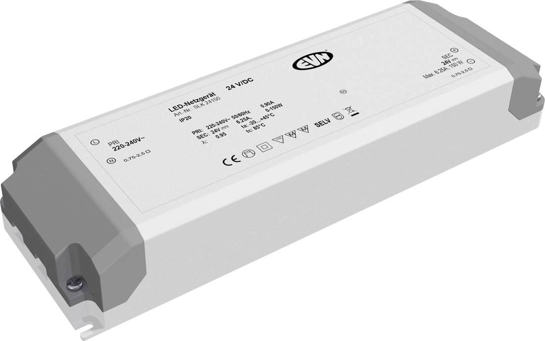 Biały prostokątny zasilacz LED z etykietą „LED NTR-100" i „24V DC", pokazany w ujęciu 3D z szarymi zaślepkami końcowymi i uszkiem montażowym.