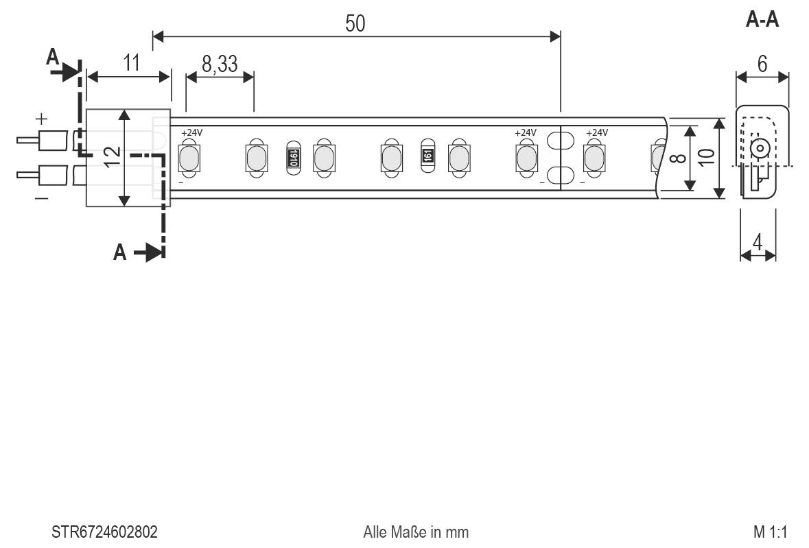 Techniczny rysunek wymiarowy liniowego paska oświetlenia LED z końcówkami montażowymi, opisany w milimetrach, pokazujący widoki od góry i przekroje poprzeczne oraz pomiary rozmiaru.