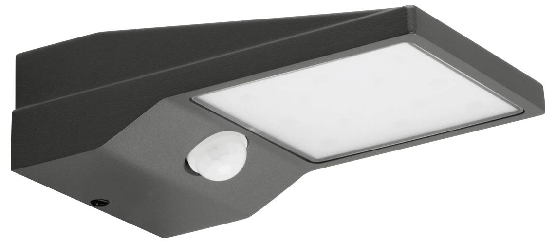 Czarna prostokątna lampka ścienna LED do użytku na zewnątrz z czujnikiem ruchu i matowym panelem rozpraszającym