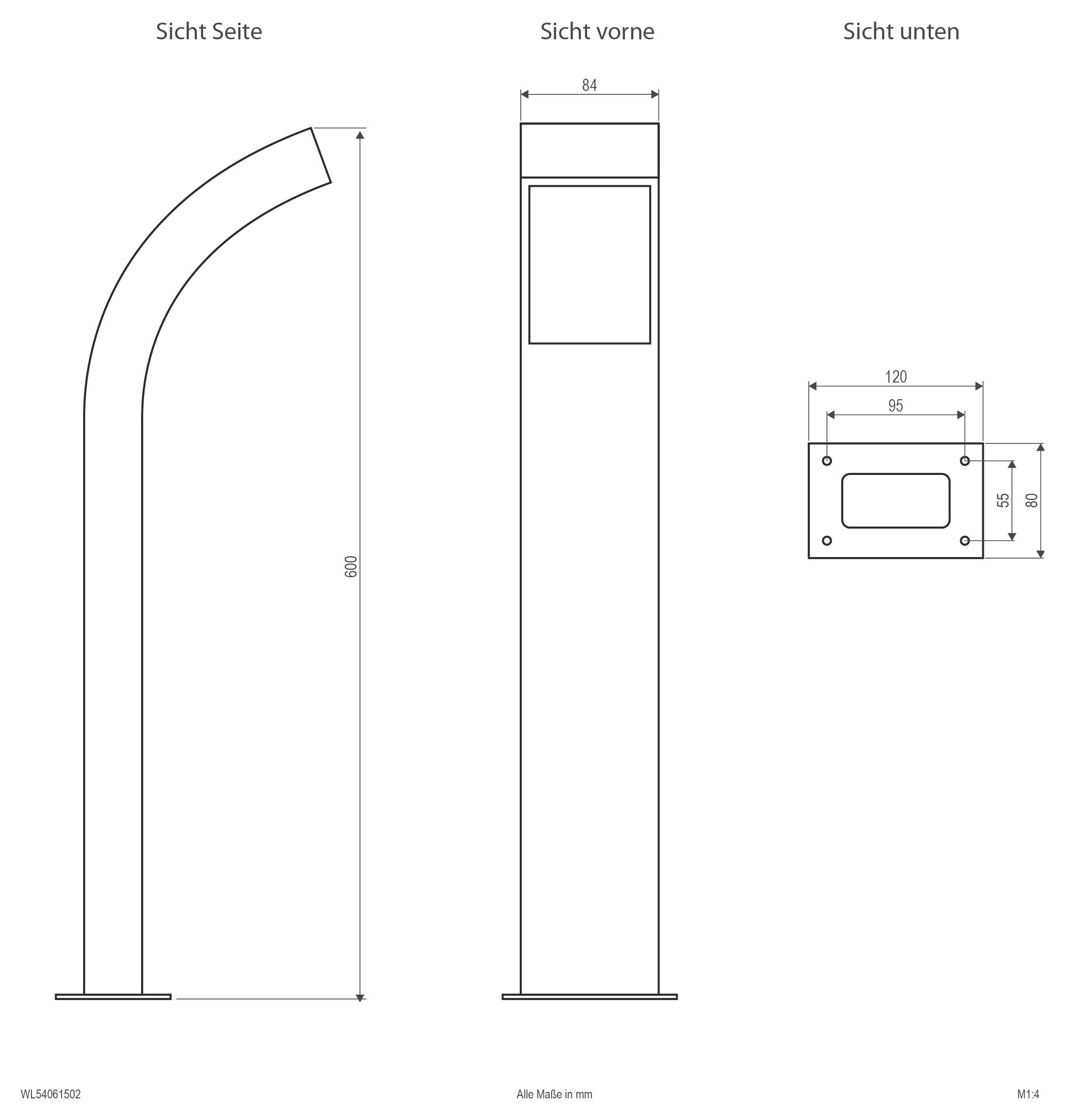 Rysunek techniczny z widokami z boku, z przodu i od dołu zakrzywionego słupka, pokazujący wymiary 860 mm wysokości, 84 mm szerokości i płytę podstawy 120 x 80 mm.