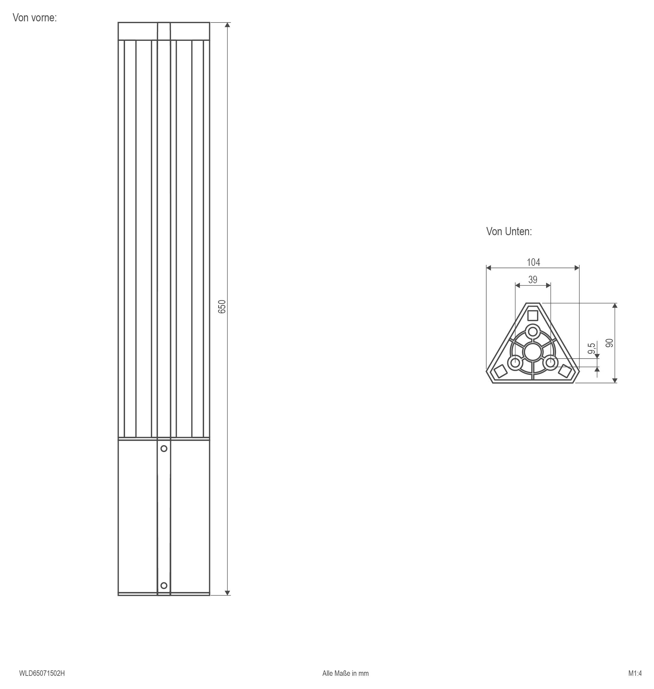 Rysunek techniczny komponentu pionowego z widokami z przodu i z dołu, pokazujący wymiary w milimetrach: wysokość z przodu 650; szerokość dna 104 i szczegóły trójkątnej podstawy.