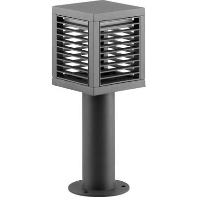 Czarna przyuraniona lampa słupkowa z sześcienną żaluzjowaną głowicą na cylindrycznym słupku i okrągłą podstawą.