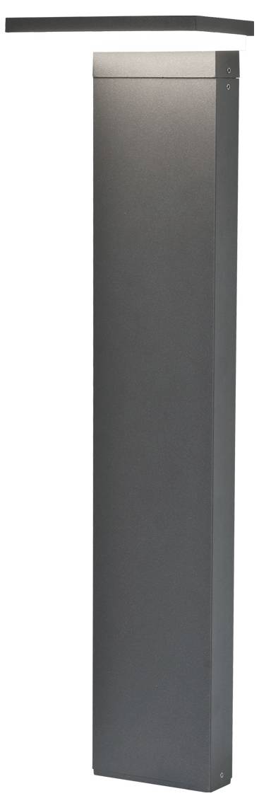 Wysoka szara prostokątna szafka lub słup z małym górnym panelem i wąskim paskiem bocznym, pokazane na białym tle.