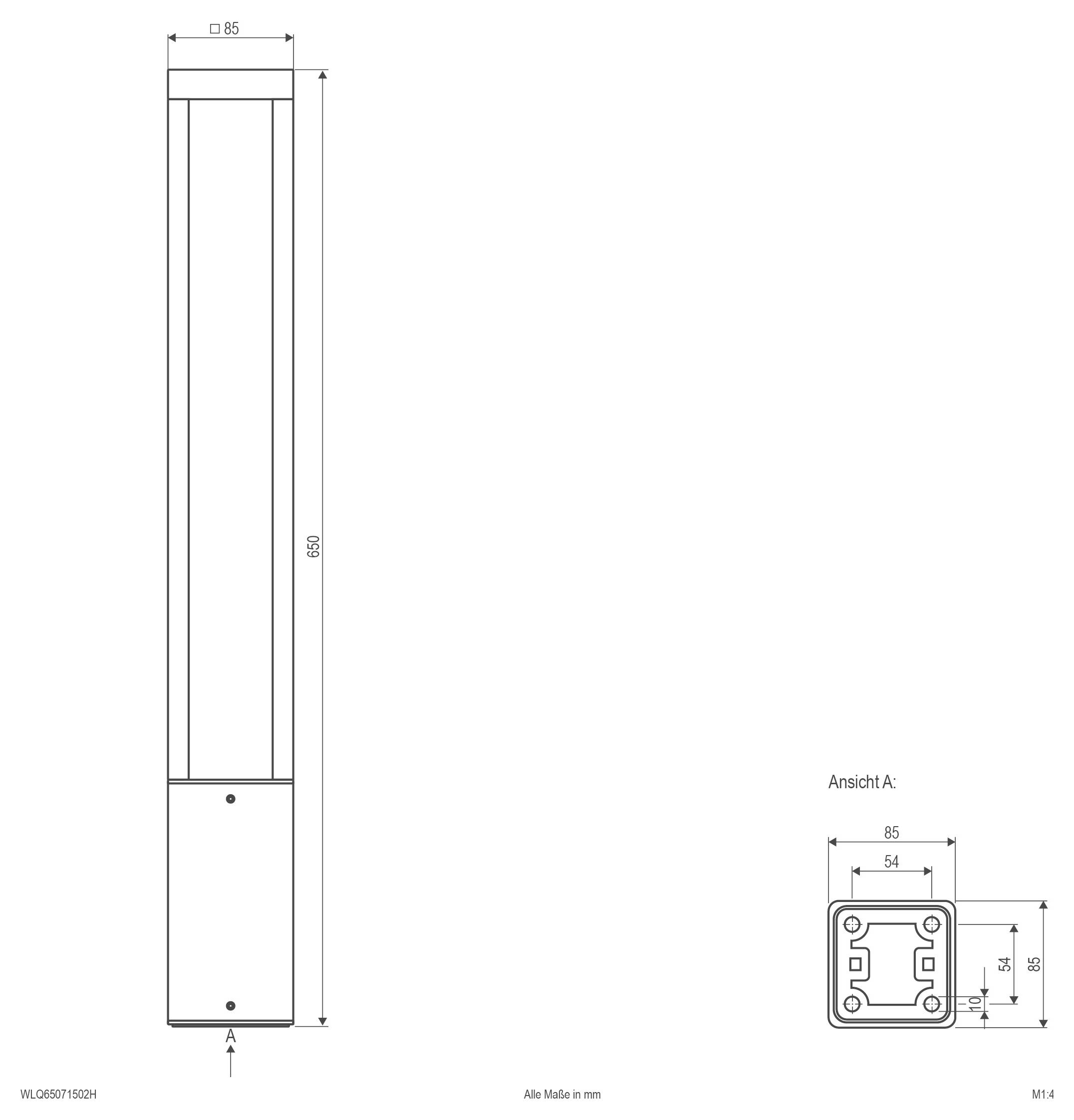 Rysunek techniczny wysokiego prostokątnego słupka metalowego, wysokości 650 mm i szerokości 85 mm, ze szczegółowym kwadratowym przekrojem podstawy oznaczonym "Ansicht A".