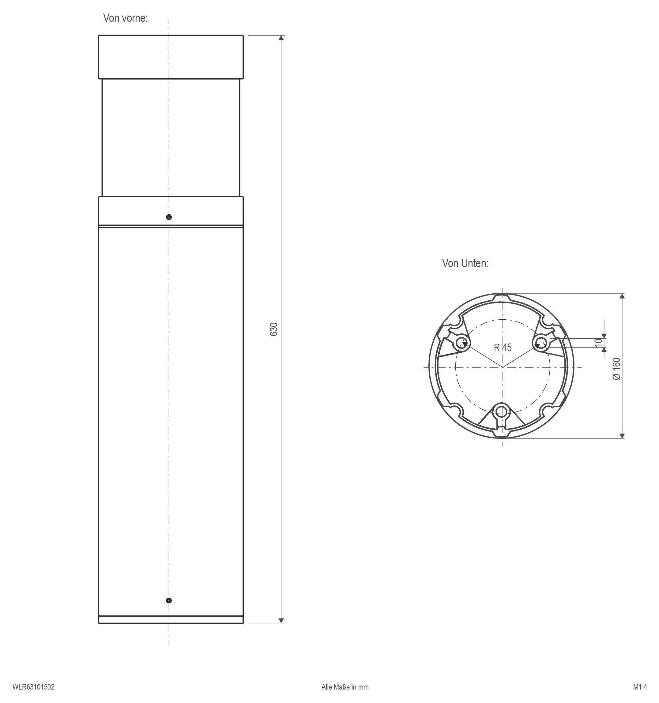 Rysunek techniczny cylindrycznej części z widokami z przodu i z dołu, pokazujący wymiary w milimetrach, w tym wysokość 600 mm i średnicę 100 mm.