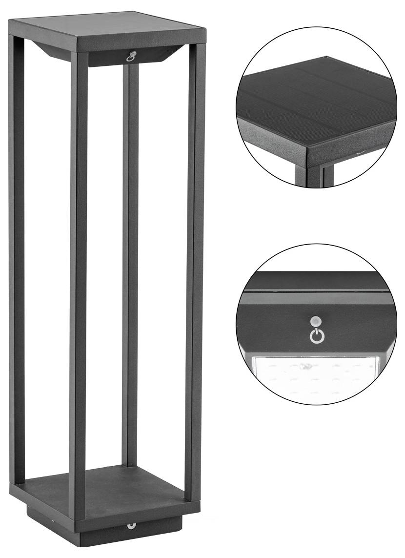 Wysoka czarna prostokątna lampa podłogowa o otwartej konstrukcji; wstawione koła pokazują górną powierzchnię i przycisk zasilania u podstawy.