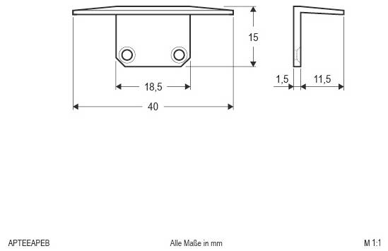 Techniczny rysunek wymiarowy małego wspornika montażowego, pokazujący widoki z przodu i z boku z wymiarami w milimetrach: szerokość 40, wysokość 15, rozstaw otworów 18,5, grubość 1,5, głębokość 11,5.