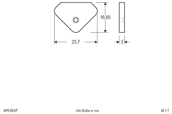 Rysunek techniczny małej części trapezoidalnej z otworem wyśrodkowanym, pokazujący wymiary 23,7 mm szerokości, 16,65 mm wysokości i 3 mm grubości.