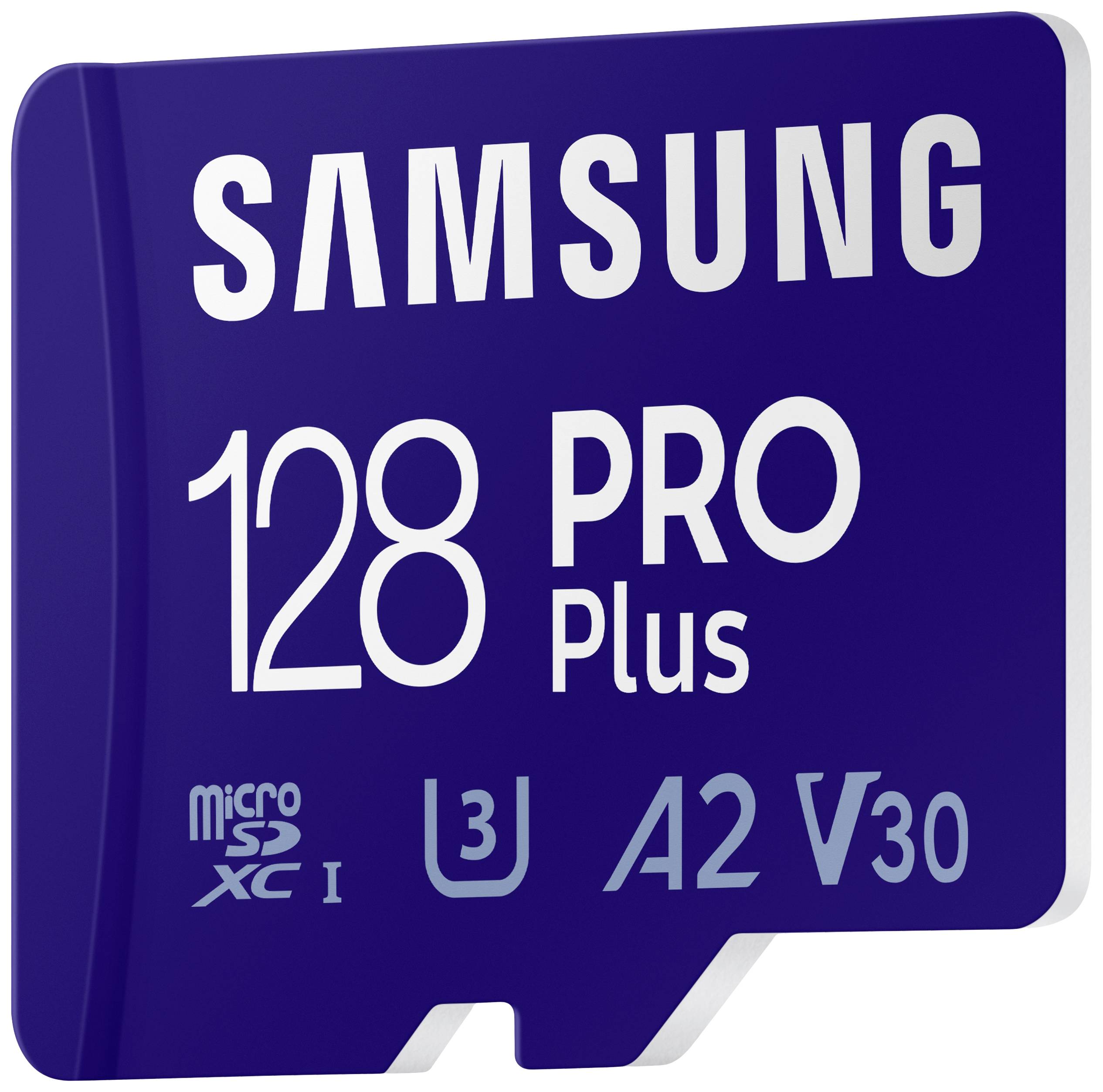 Niebieska karta microSD firmy Samsung o pojemności 128 GB z serii 'PRO Plus', z widocznymi symbolami wspierającymi U3, A2 i V30.