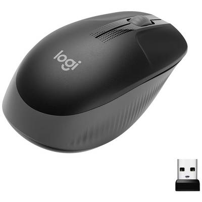 Czarna bezprzewodowa mysz komputerowa i odbiornik USB z widocznym logo Logitech, odpowiednia do biura i pracy zdalnej w domu.