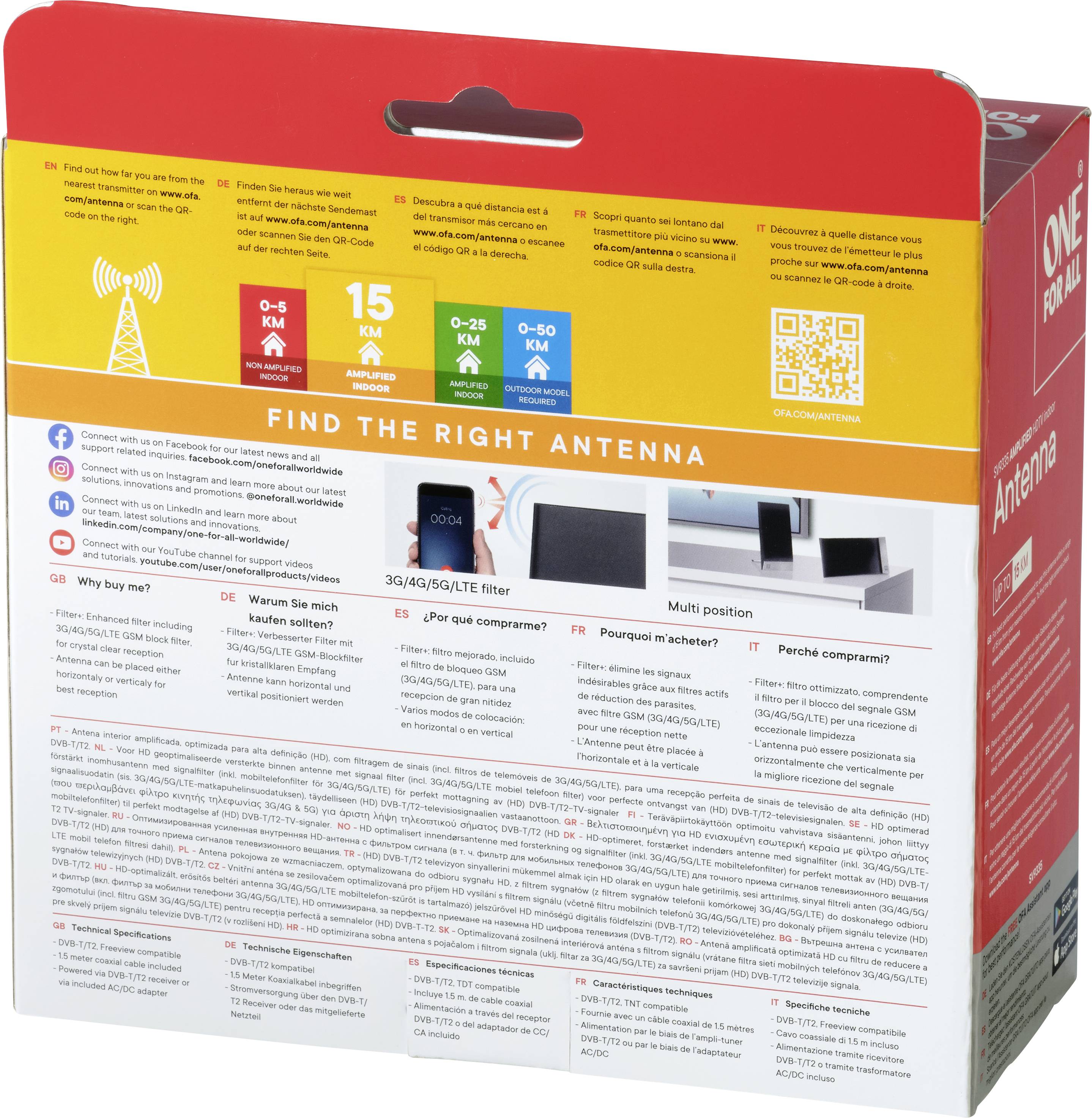Opakowanie produktu anteny z informacjami o zasięgu (0-50 km), filtrami 3G/4G/5G/LTE oraz wieloma opcjami montażu.