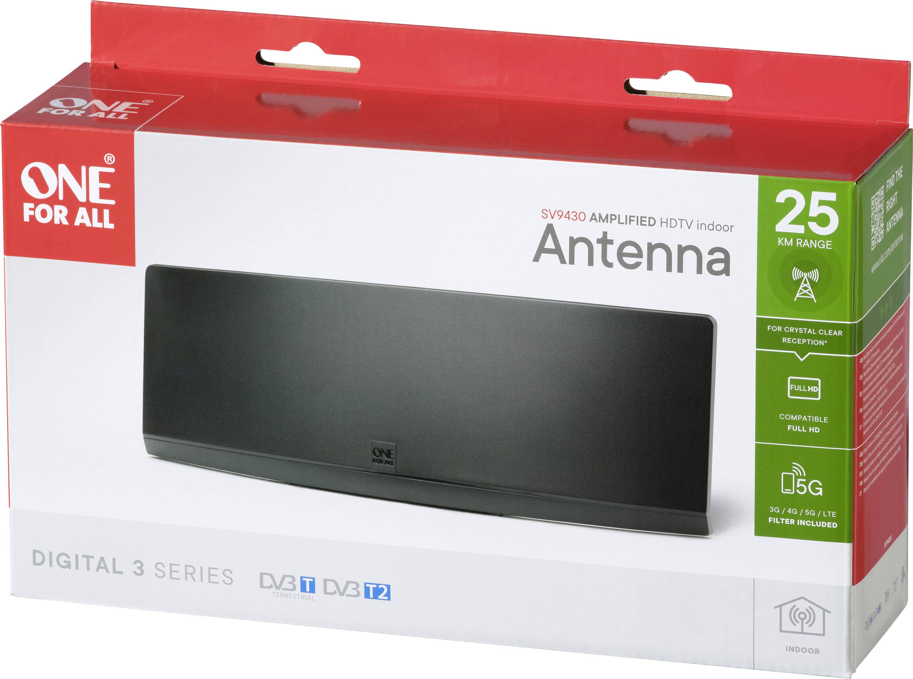 Antena do wnętrz, wzmocniona do HDTV, zasięg 25 km, seria Digital-3, kompatybilna z DVB-T2, zapewniająca czysty odbiór, z filtrem 5G.