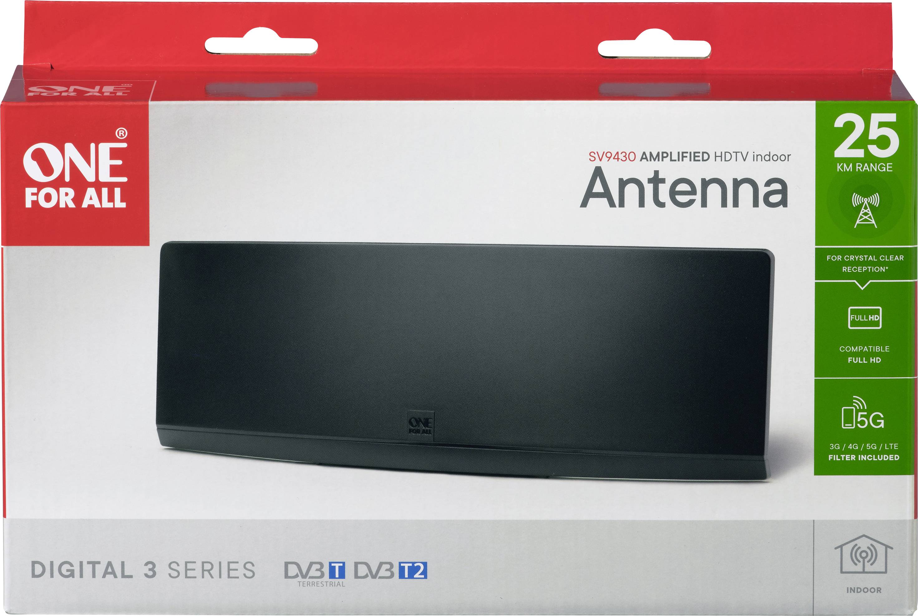 Opakowanie anteny wewnętrznej marki 'One for All', model SV9430, przeznaczonej do odbioru telewizji cyfrowej, o zasięgu do 25 km.