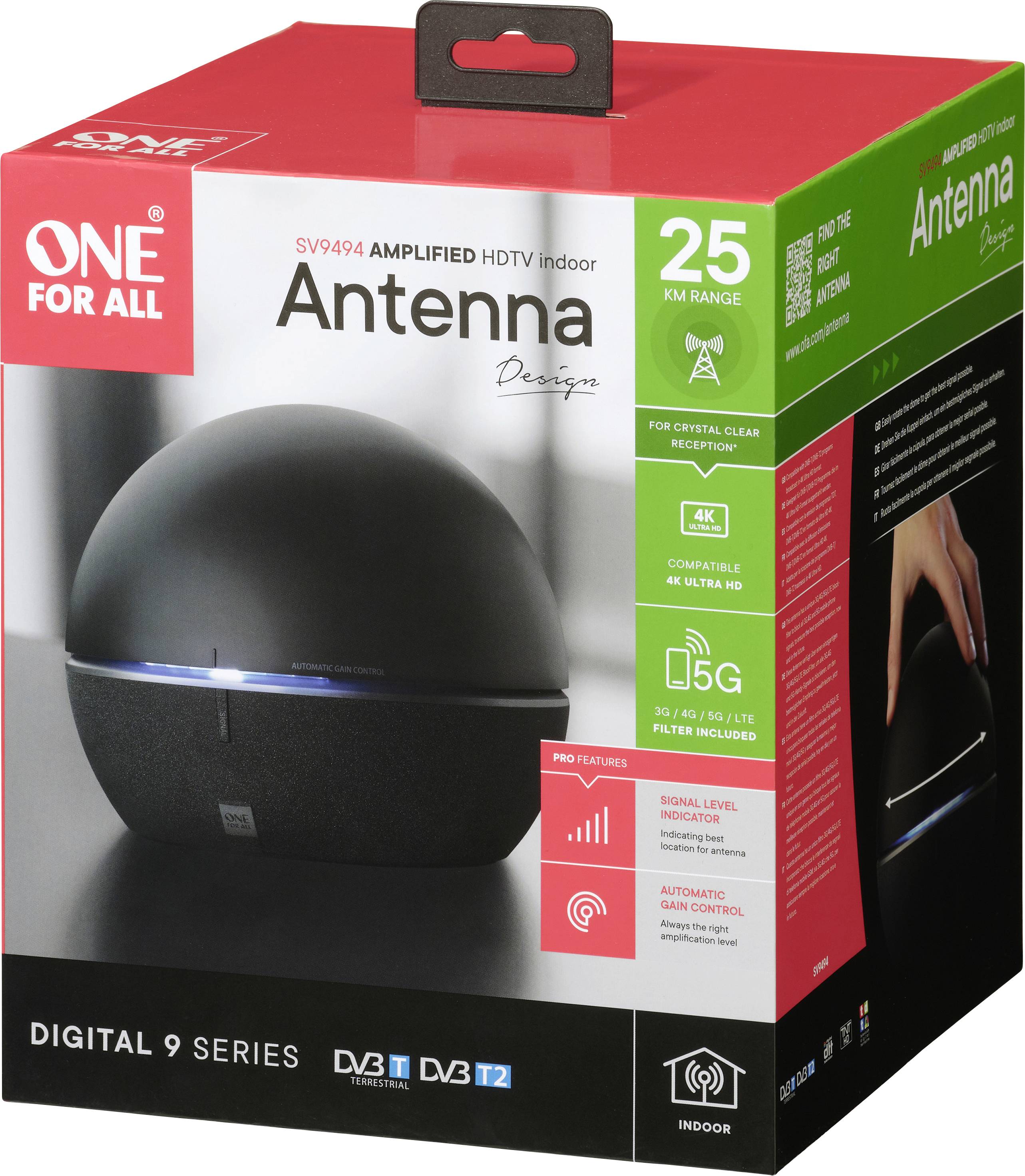 Opakowanie cyfrowej anteny wewnętrznej HDTV o zasięgu 25 km z filtrem 5G. Produkt poprawiający odbiór telewizyjny.