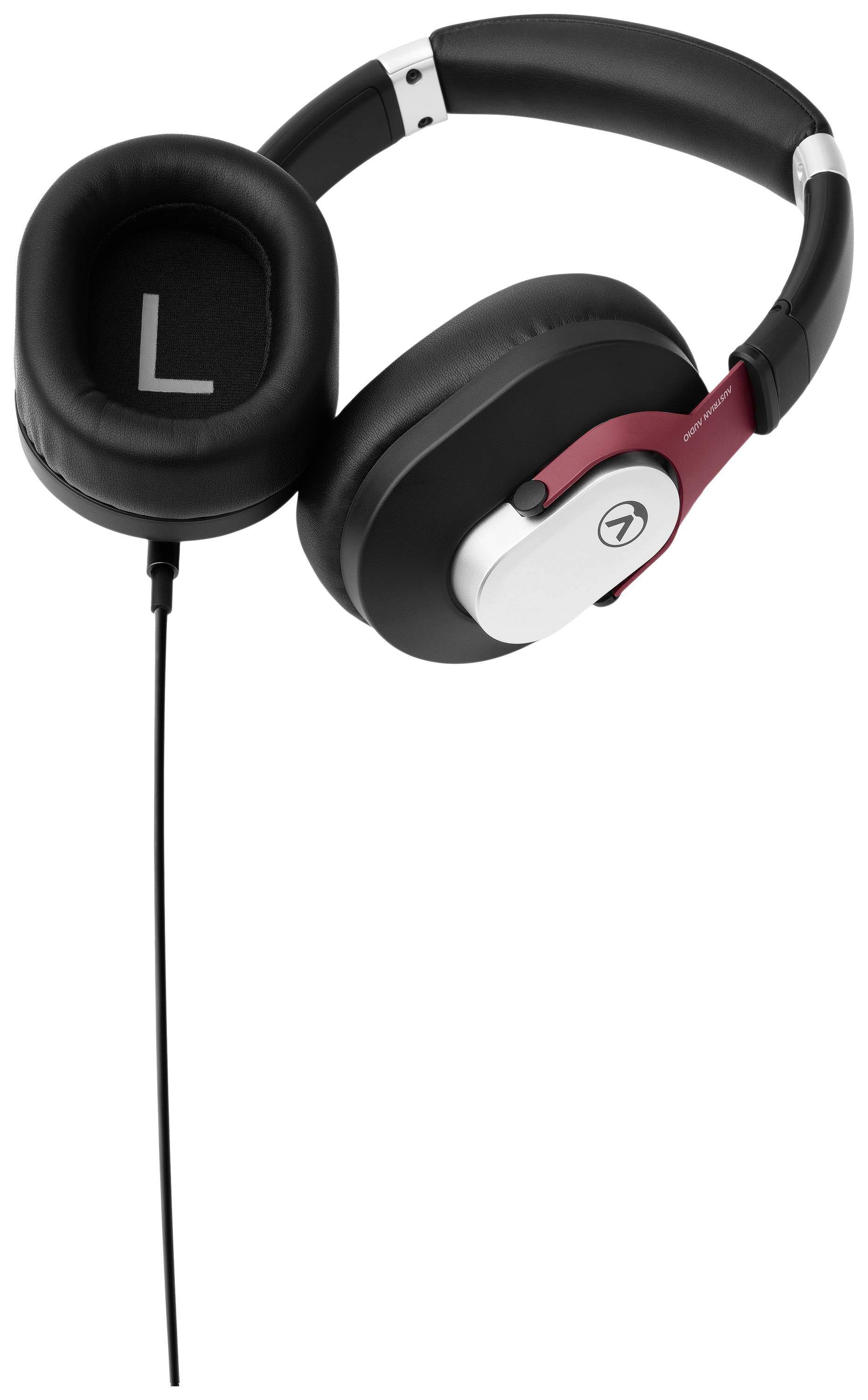 Czarny przewodowy słuchawek z czerwonym akcentem na prawej muszli oraz oznaczeniem 'L' dla lewej strony na lewej poduszce.