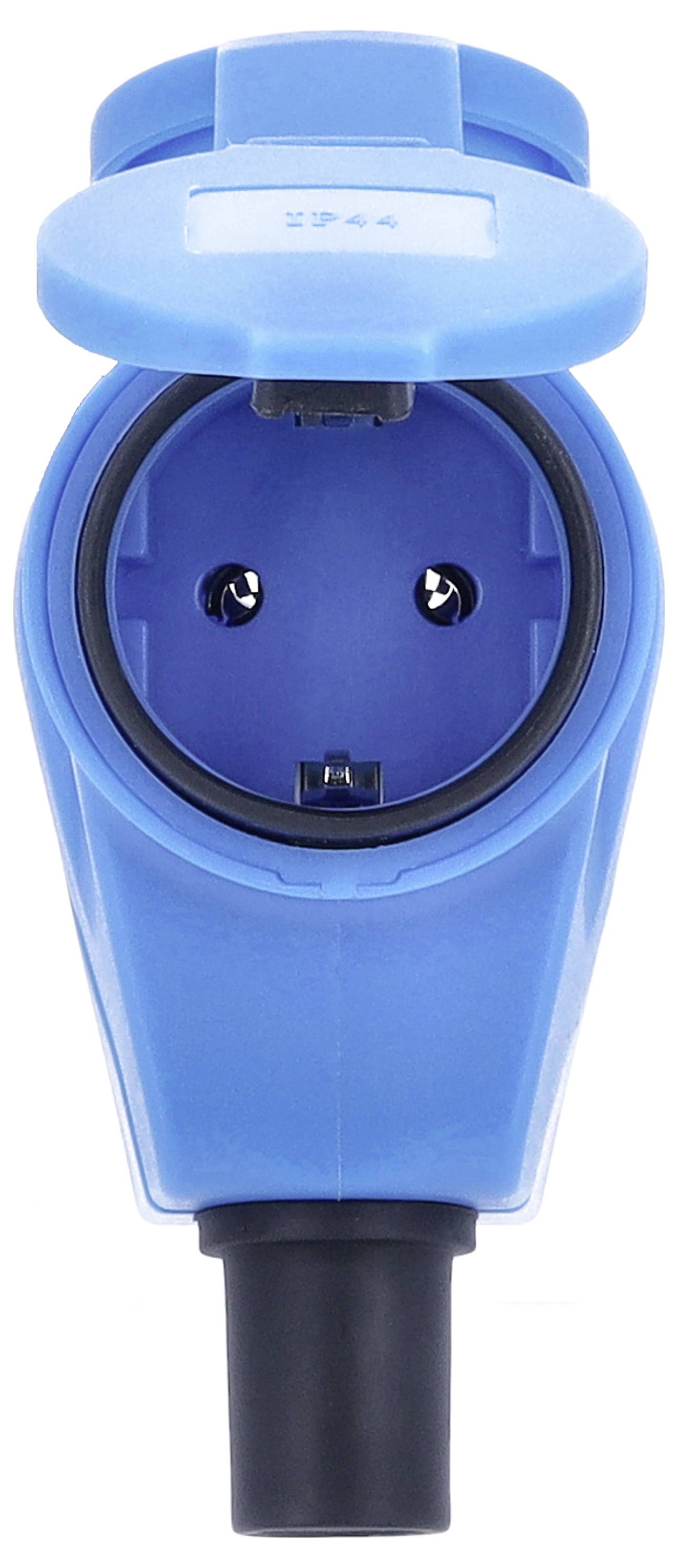 Niebieskie gniazdko Schuko z otwartą pokrywą, pokazujące styki wtykowe. Odpowiednie do podłączenia elektrycznego.