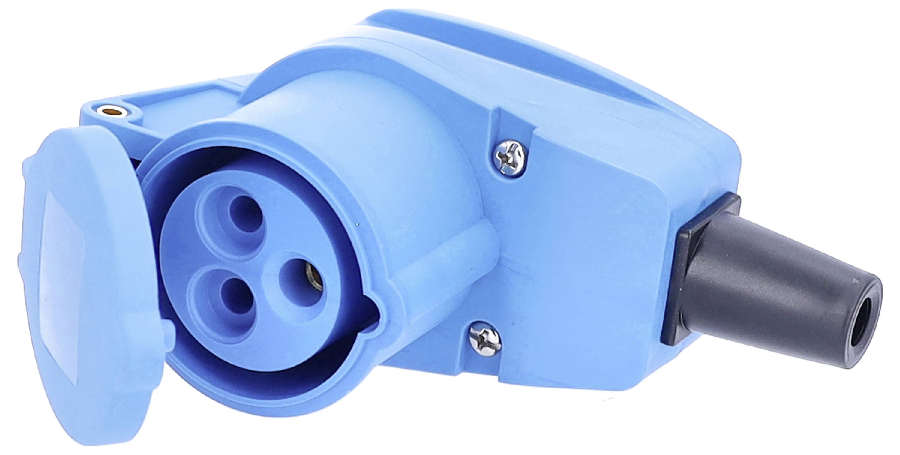 Niebieski adapter prądu z trzema okrągłymi gniazdami i czarnym złączem. Używany do połączeń elektrycznych.