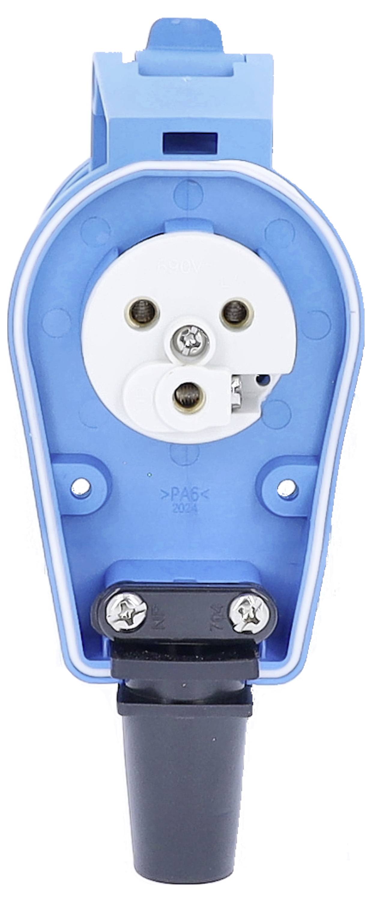 Niebieski adapter elektryczny z okrągłą wtyczką, widoczne są dwa metalowe styki i czarne przedłużenie przypominające kabel na końcu.