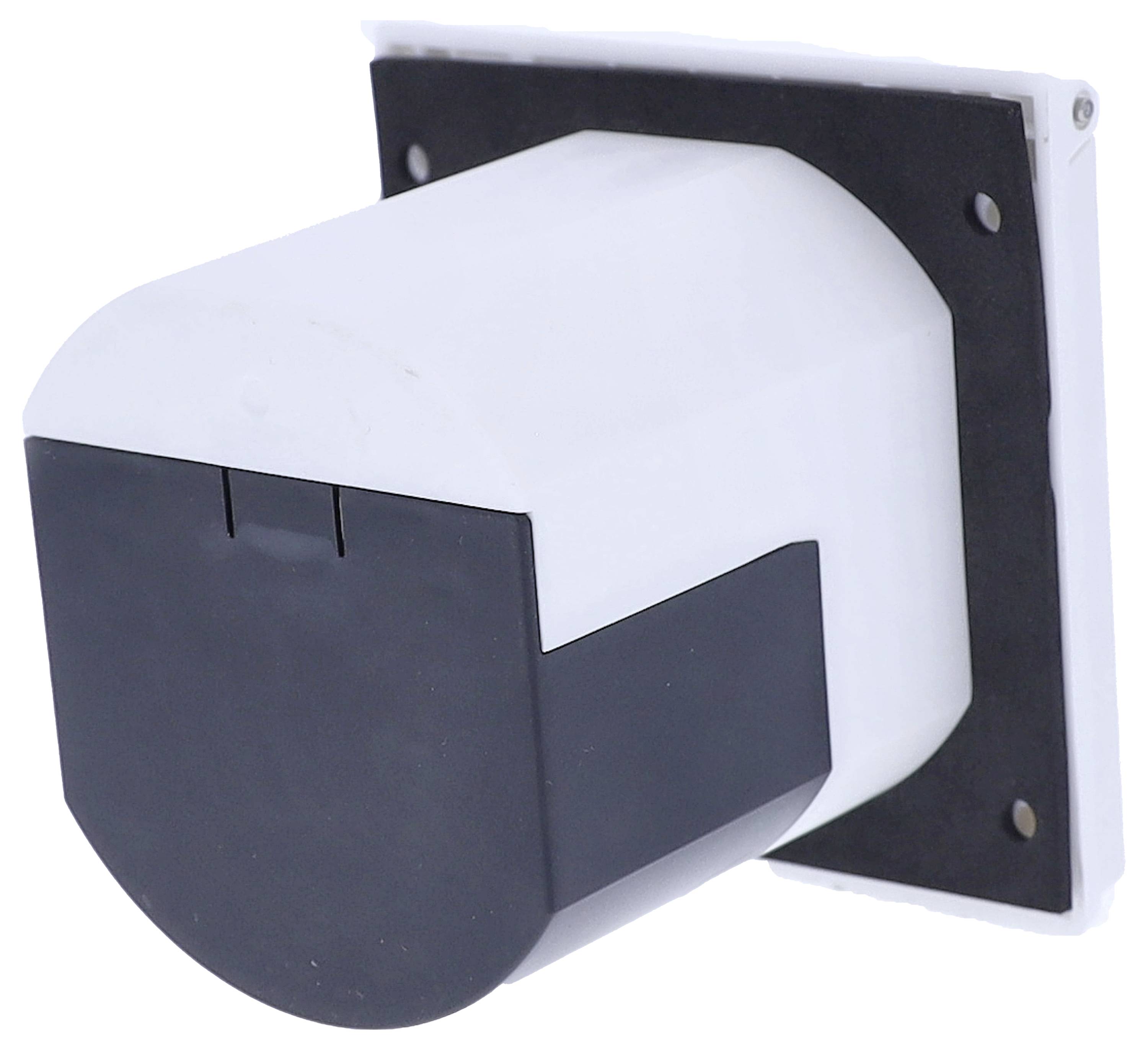 Prostokątna, biała skrzynka z czarną klapką, przystosowana do montażu ściennego. Odpowiednia do przepustów kablowych lub wentylacyjnych.