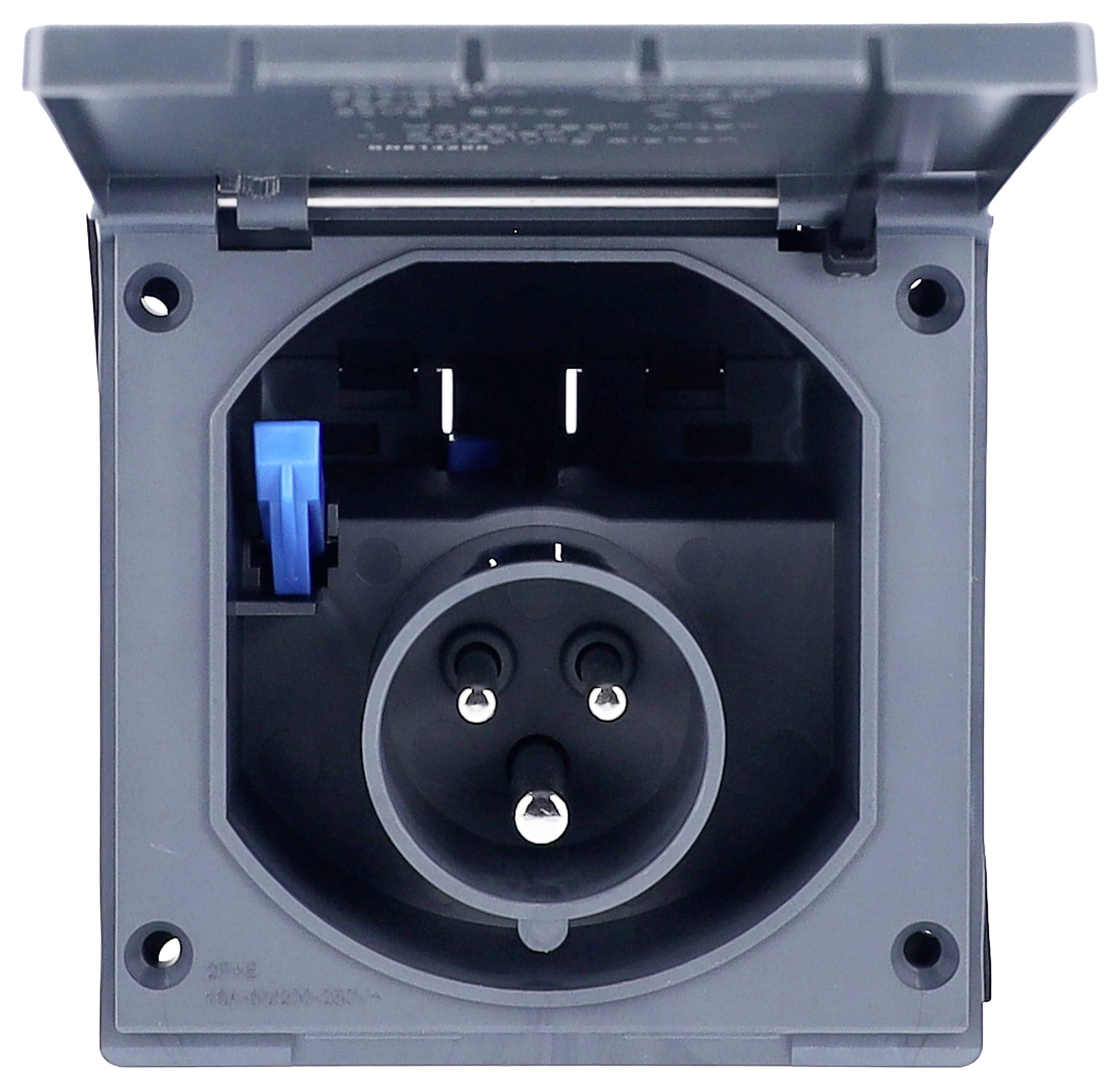Szaro-czarne gniazdko z klapką ochronną, centralnym stykiem wtykowym i niebieskim przełącznikiem po lewej stronie, otwarte i gotowe do użycia.
