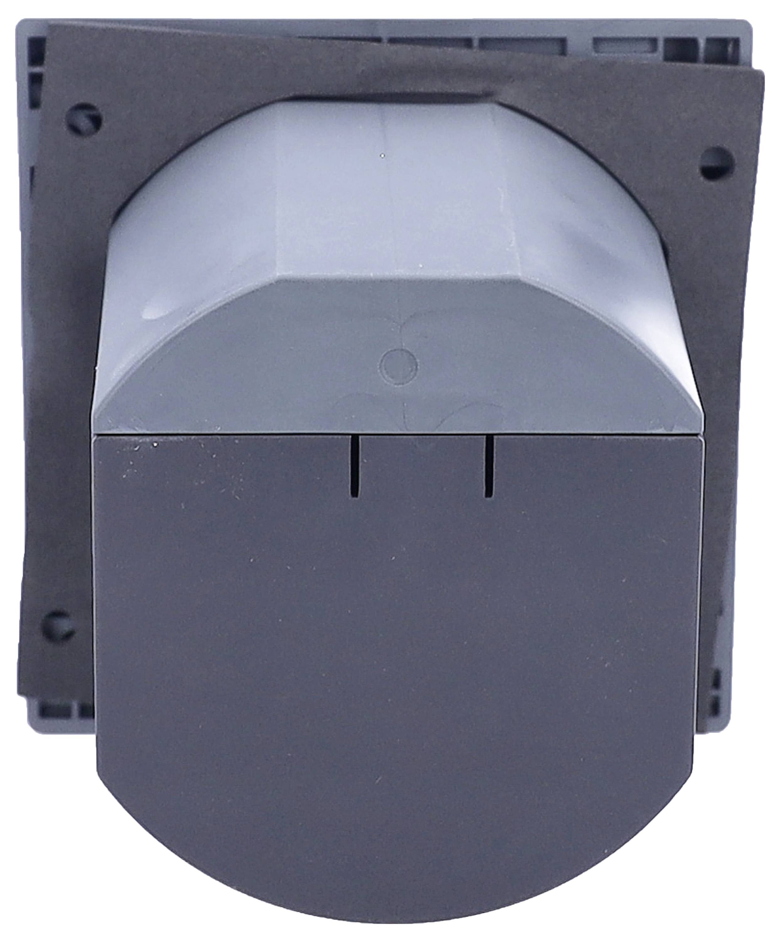 Szary, prostokątny przełącznik elektryczny z zaokrąglonym korpusem, zamontowany na czarnej płycie. Odpowiedni do instalacji wewnętrznych.