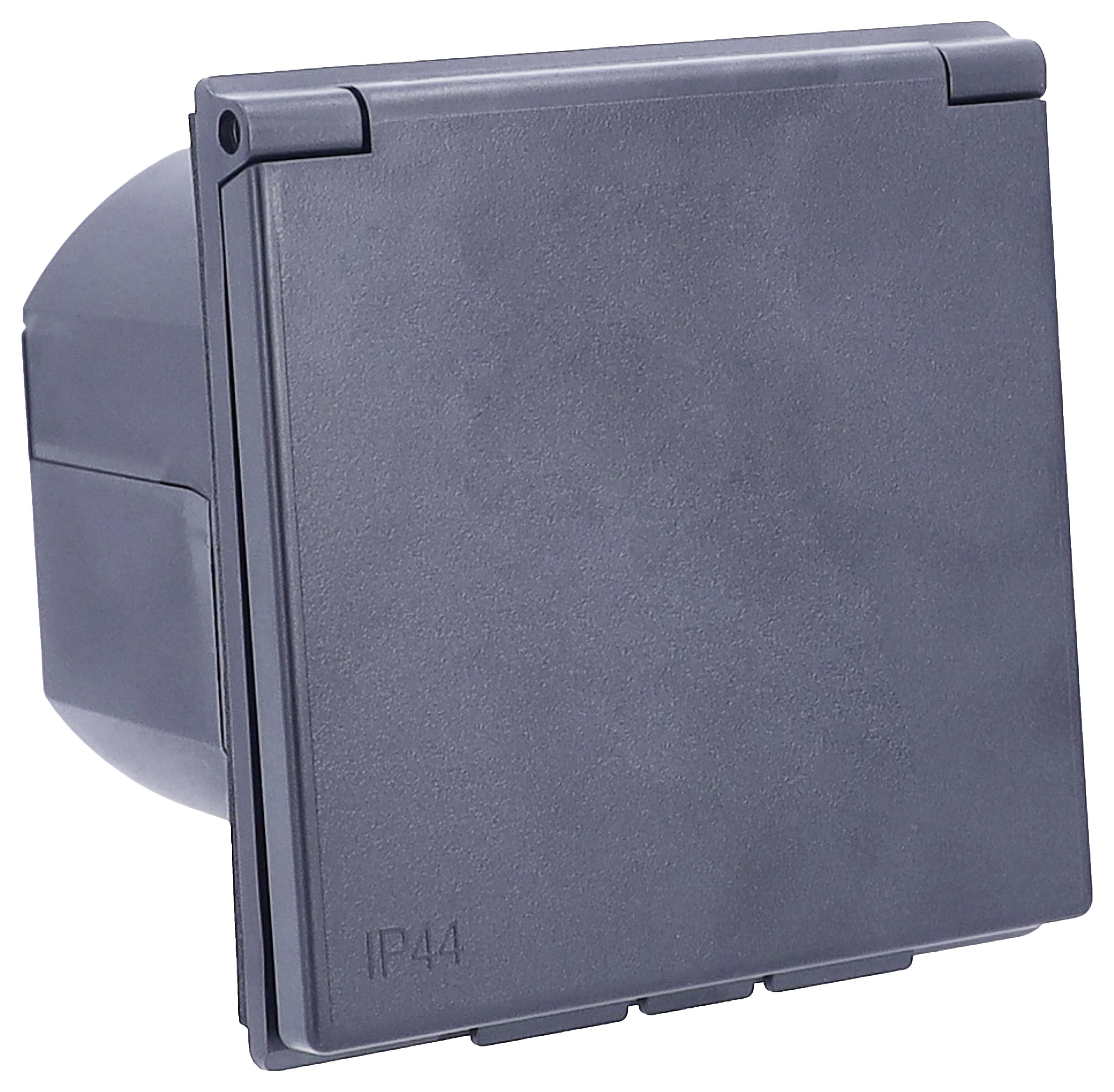 Szare zewnętrzne gniazdko elektryczne z pokrywą, oznaczone symbolem 'IP44', co wskazuje, że jest chronione przed bryzgami wody.